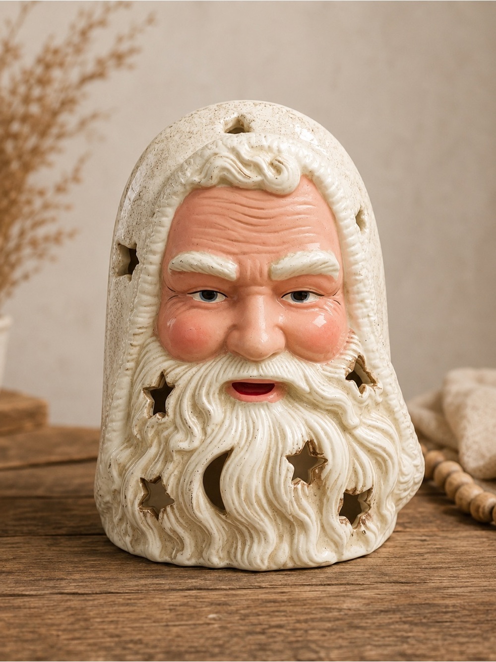 Santa Claus Votive Tea Light Vintage Ceramic Candle Holder Star Moon Cutouts 5”